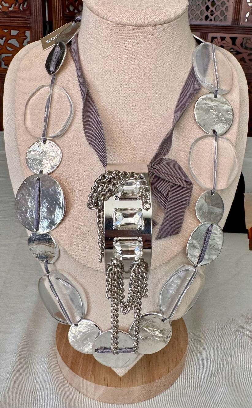 Chico's Necklace Silver Tone Chunky Stacked Disks Rings Statement Lagenlook